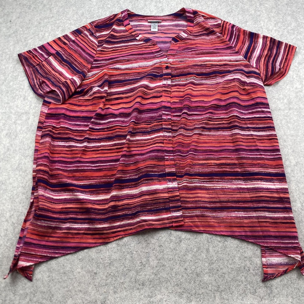 Catherines Blouse Womens 3X Multicolor Stripe Henley Short Sleeve Tunic Top